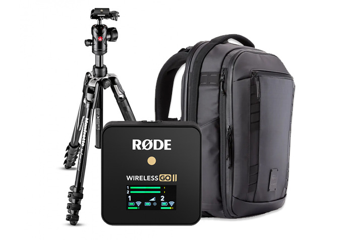 Plecak fotograficzny, statyw Manfrotto i mikrofon bezprzewodowy RØDE Wireless GO II